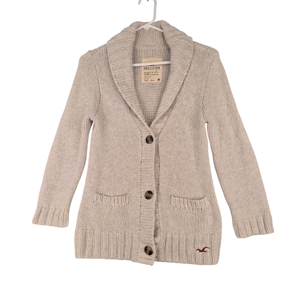 Hollister Shawl Collar Chunky Knit Cardigan Sweater Beige Womens Medium Y2K VTG